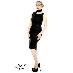 Black Pencil Dress Fitted 50s Retro Style Sleeveless LBD Size Sm/Med - Hey Viv